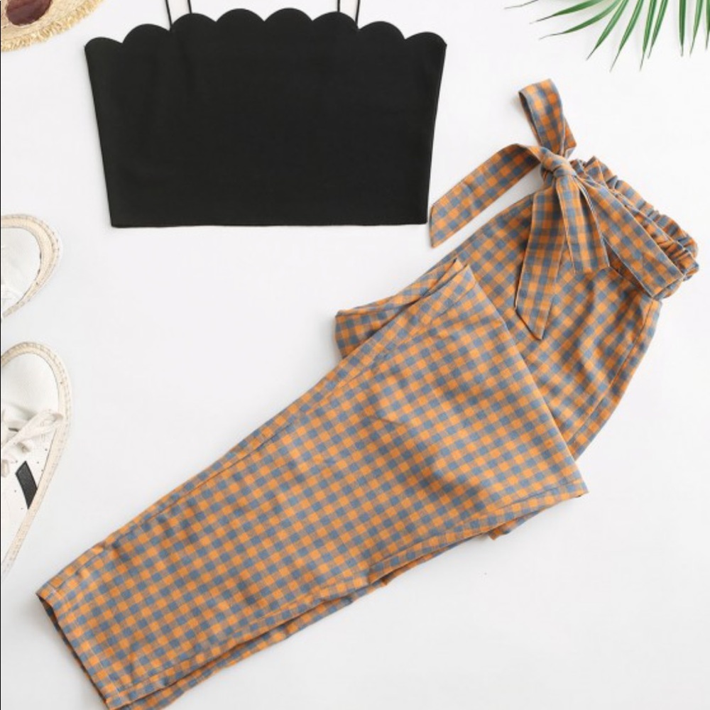 ZAFUL Plaid Tie Waist Paperbag Pants